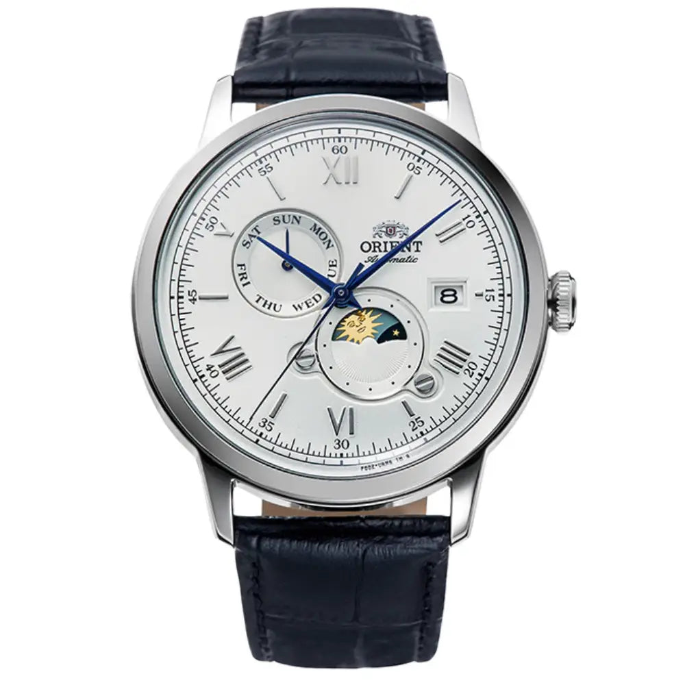 Orient Bambino Sun & Moon RA-AK0802S Automatic White Dial Leather Strap Men’s Watch