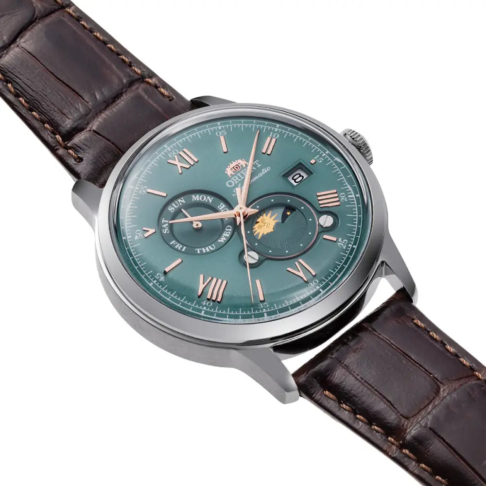 Orient Bambino Sun & Moon RA-AK0805E Automatic Green Dial Leather Strap Men's Watch