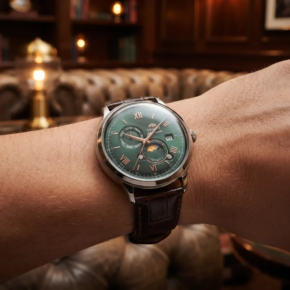 Orient Bambino Sun & Moon RA-AK0805E Automatic Green Dial Leather Strap Men's Watch