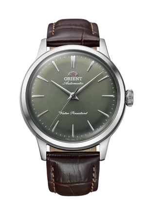 Orient RA-BB0102E, green dial, silver-tone case, brown leather strap - front cover