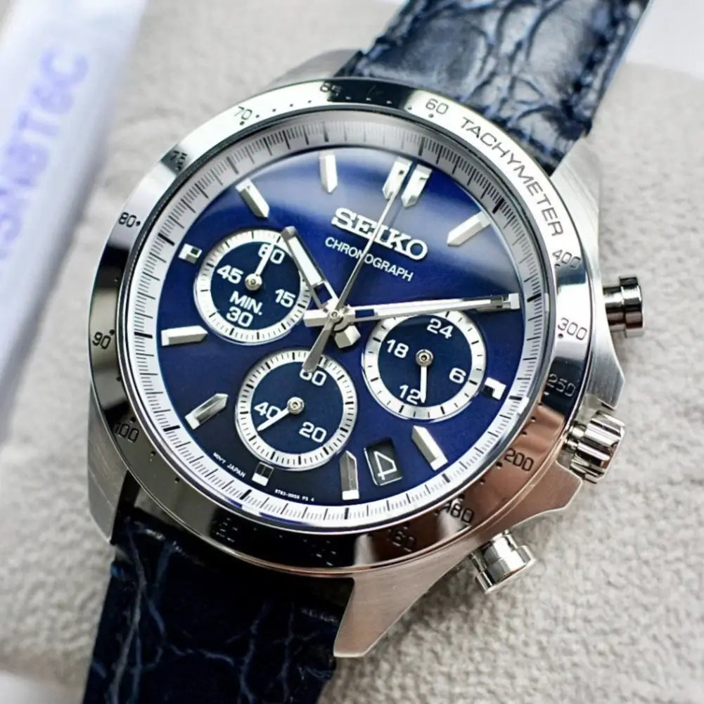 Seiko Selection Spirit Chronograph SBTR019 Quartz Blue Dial Leather Strap Men's Watch