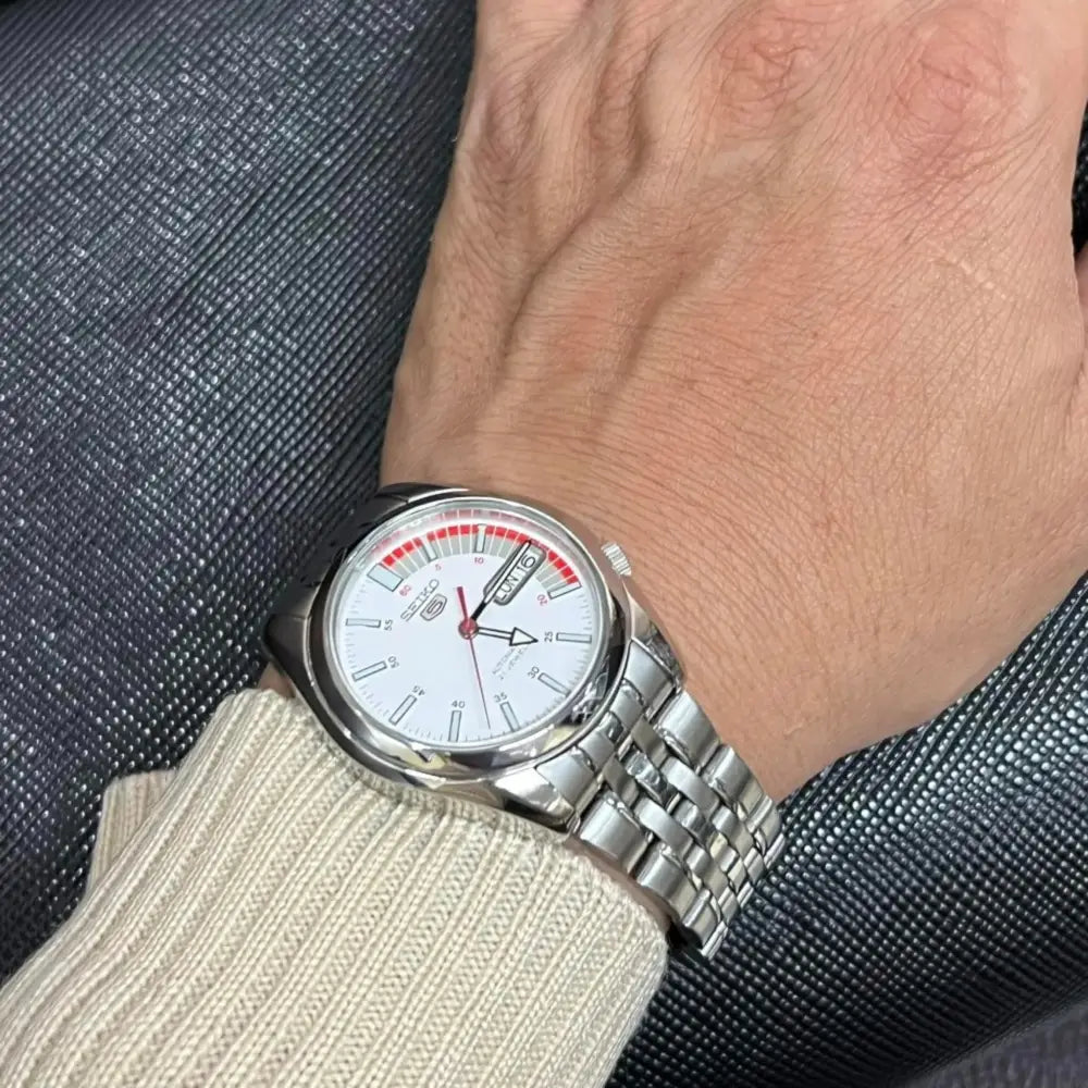 Seiko 5 SNK369K1 Automatic White Dial with Red Accents Stainless Steel Men's Watch