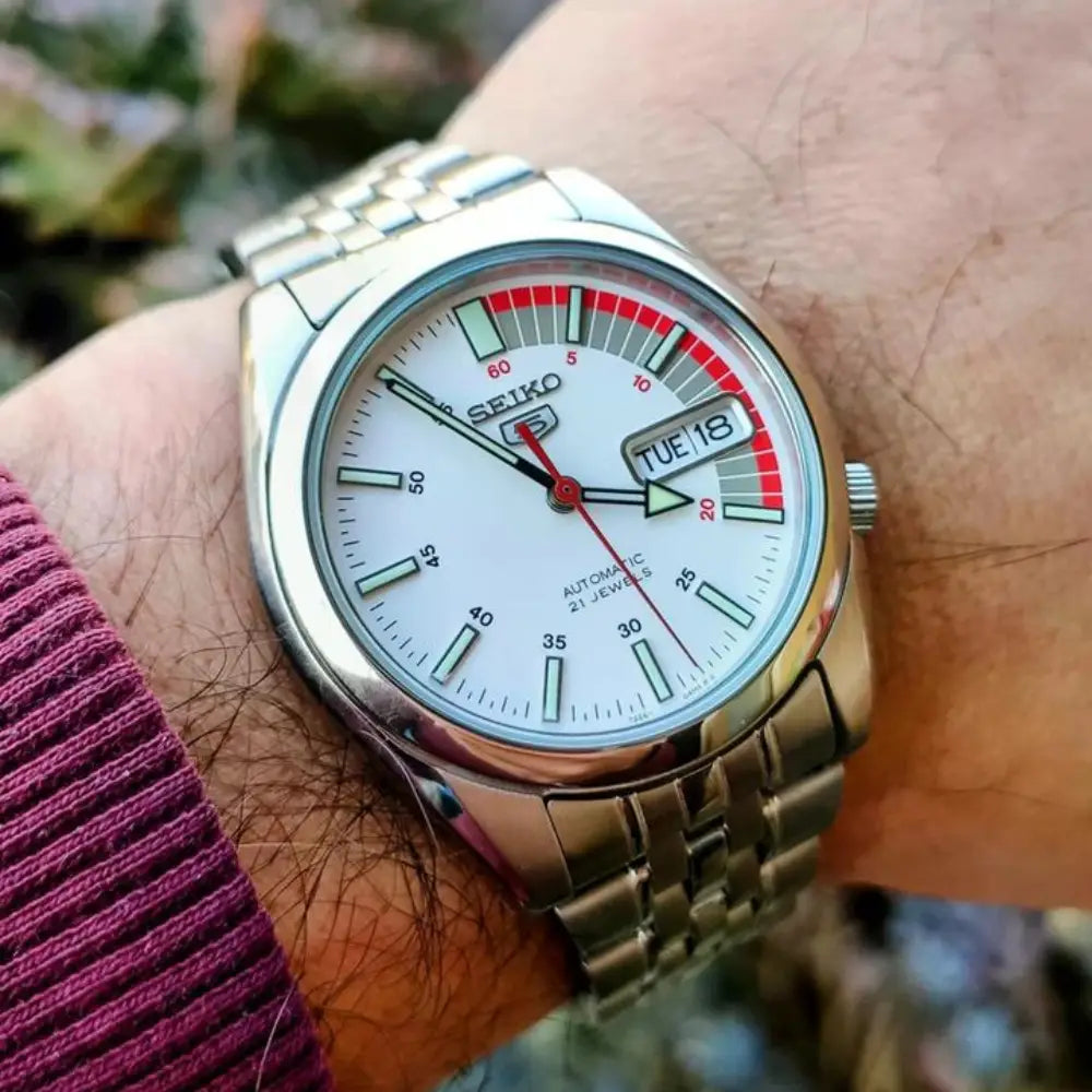 Seiko 5 SNK369K1 Automatic White Dial with Red Accents Stainless Steel Men's Watch