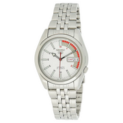Seiko 5 SNK369K1 white dial with red accents on stainless steel bracelet
