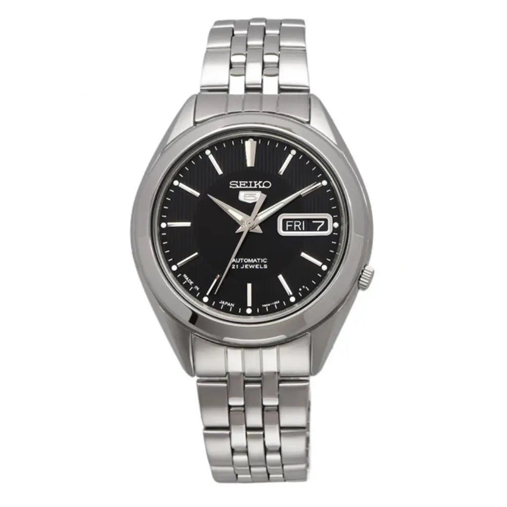 Seiko 5 SNKL23J1 automatic watch with black dial on stainless steel bracelet