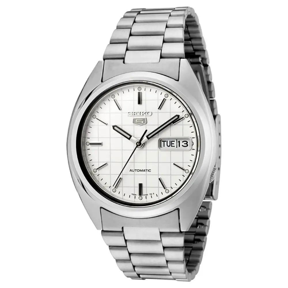 Seiko 5 SNXF05K1 automatic watch with white grid dial on stainless steel bracelet