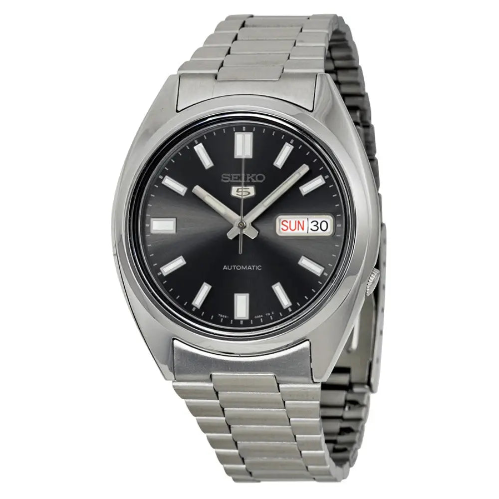 Seiko 5 SNXS79K1 automatic watch with black sunburst dial on stainless steel bracelet