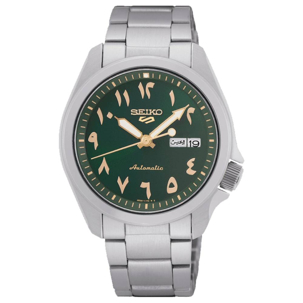 Seiko 5 Sports SRPH49K1 rare Arabic green dial automatic watch on stainless steel bracelet