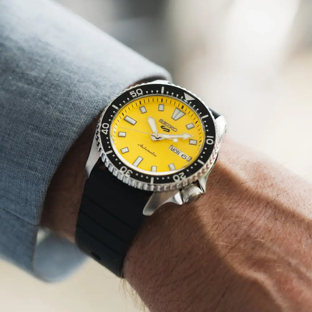 Seiko 5 Sports SRPL87K1 Automatic Yellow Dial Black Silicone Strap Men's Watch