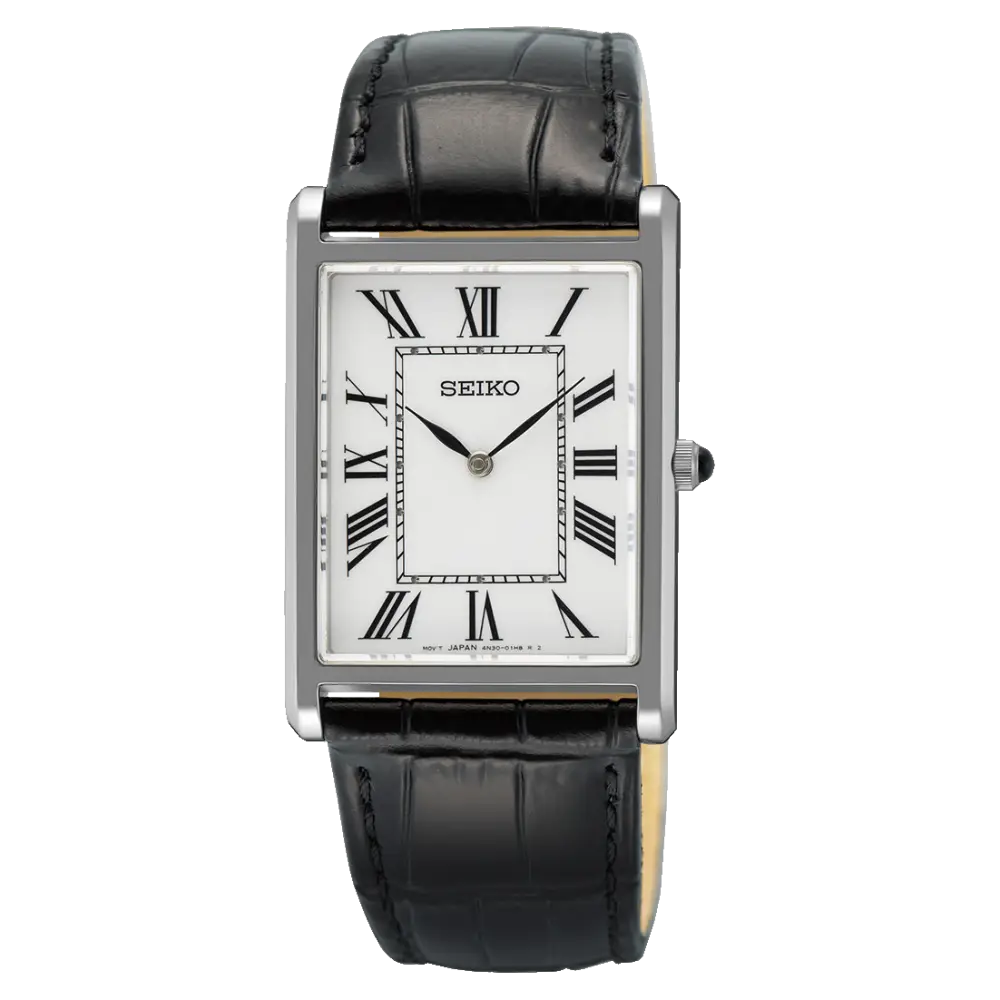 Seiko SWR103P1 Classic Tank-Style Quartz Dress Leather Strap Men's Watch