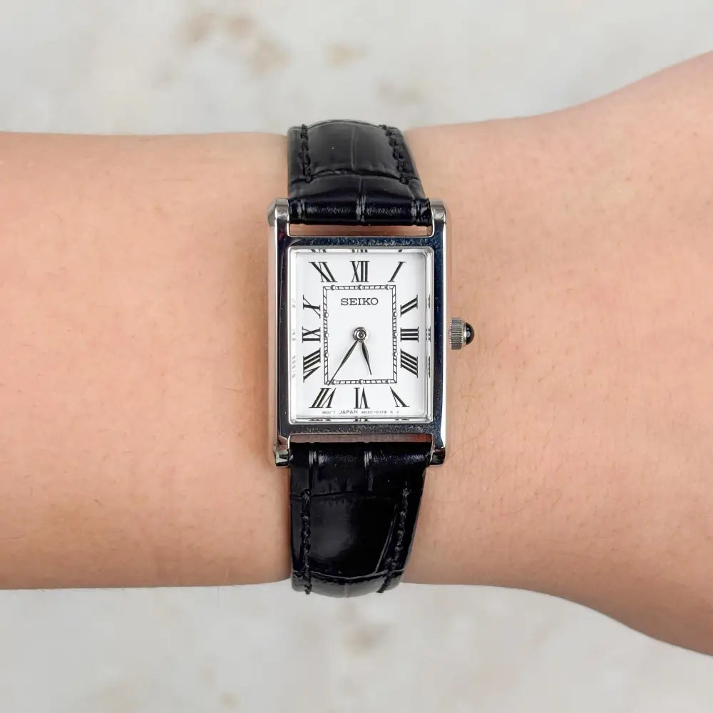 Seiko Classic SWR107P1 Quartz White Dial Tank-Style Black Leather Strap Women's Watch