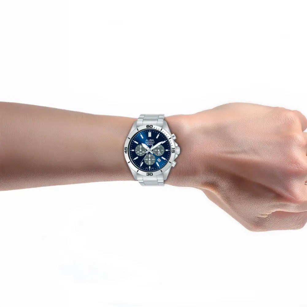 Alba-Alba Active AT3K79X1 Chronograph Quartz Blue Grey Dial Stainless Steel Men's Watch-Wristbear-2