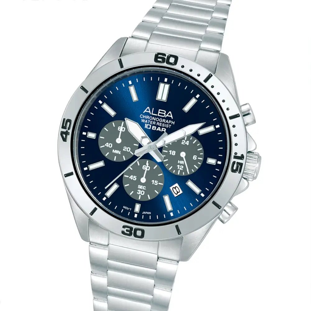Alba-Alba Active AT3K79X1 Chronograph Quartz Blue Grey Dial Stainless Steel Men's Watch-Wristbear-3