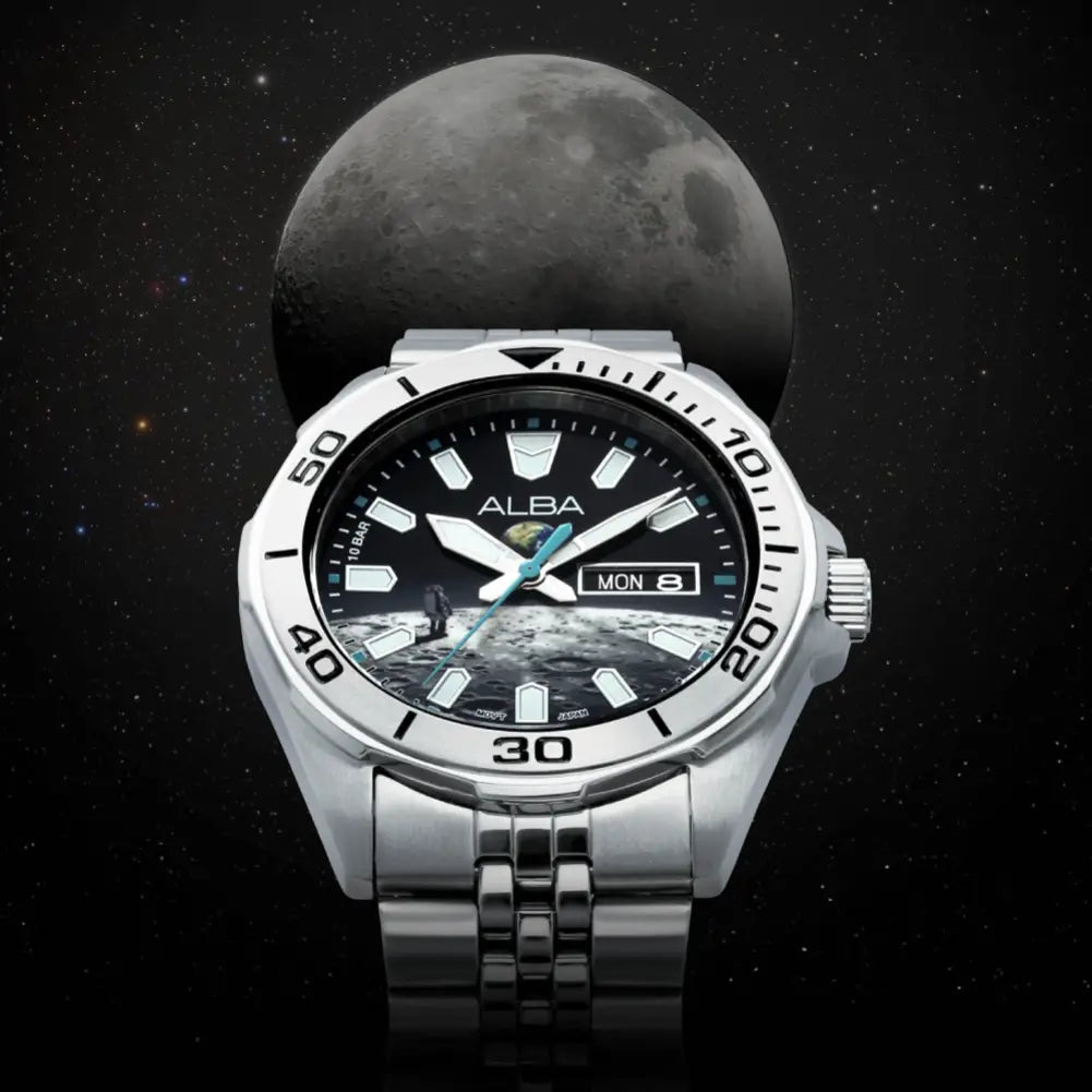 Alba-Alba Active AV3591X2 Moon Landing Quartz Black Lunar Graphic Dial Stainless Steel Men's Watch-Wristbear-3