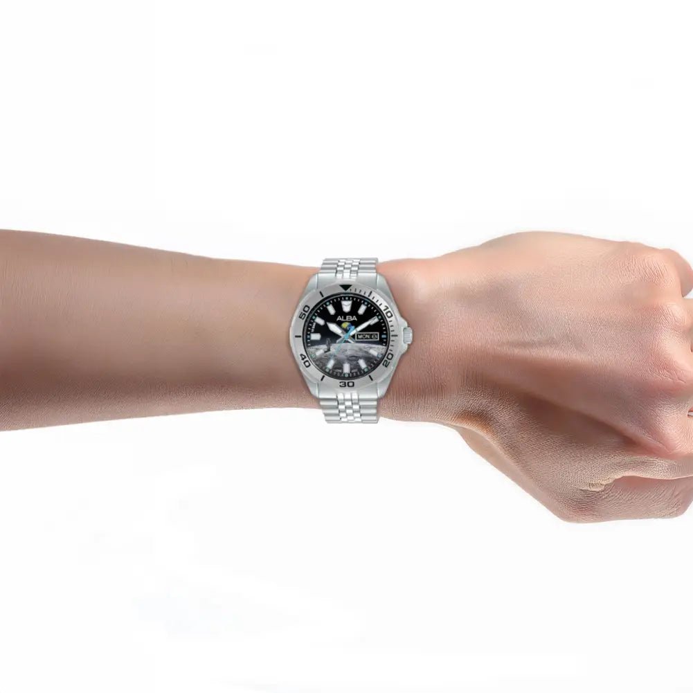 Alba-Alba Active AV3591X2 Moon Landing Quartz Black Lunar Graphic Dial Stainless Steel Men's Watch-Wristbear-4