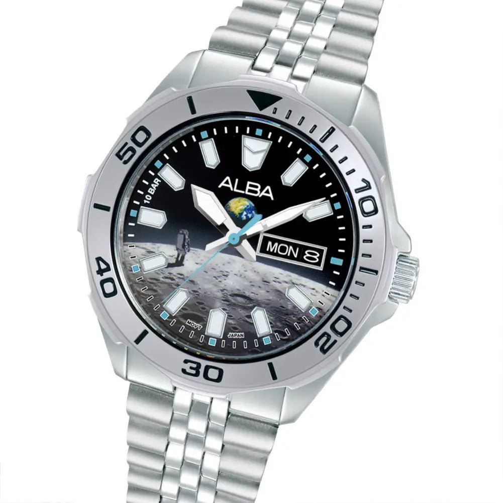 Alba-Alba Active AV3591X2 Moon Landing Quartz Black Lunar Graphic Dial Stainless Steel Men's Watch-Wristbear-2