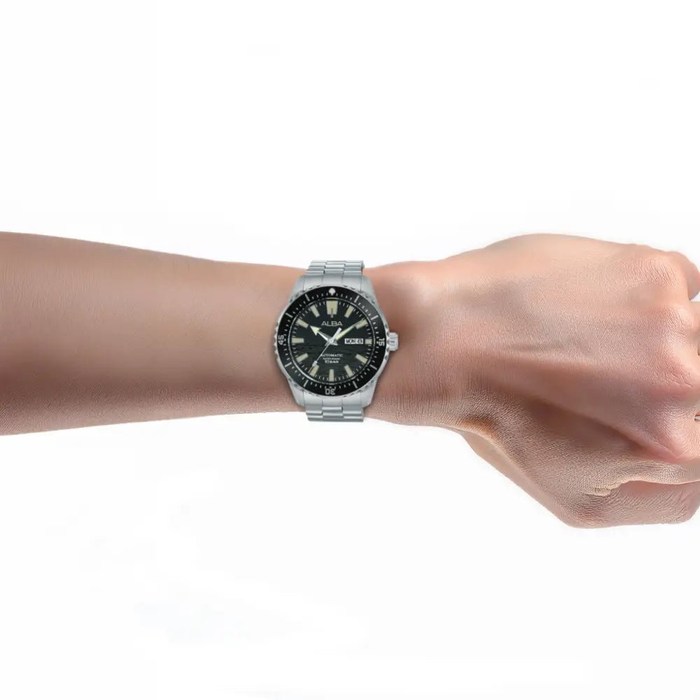 Alba-Alba AL4743X1 Black Tide Automatic Black Dial Stainless Steel Bracelet Men's Watch-Wristbear-3