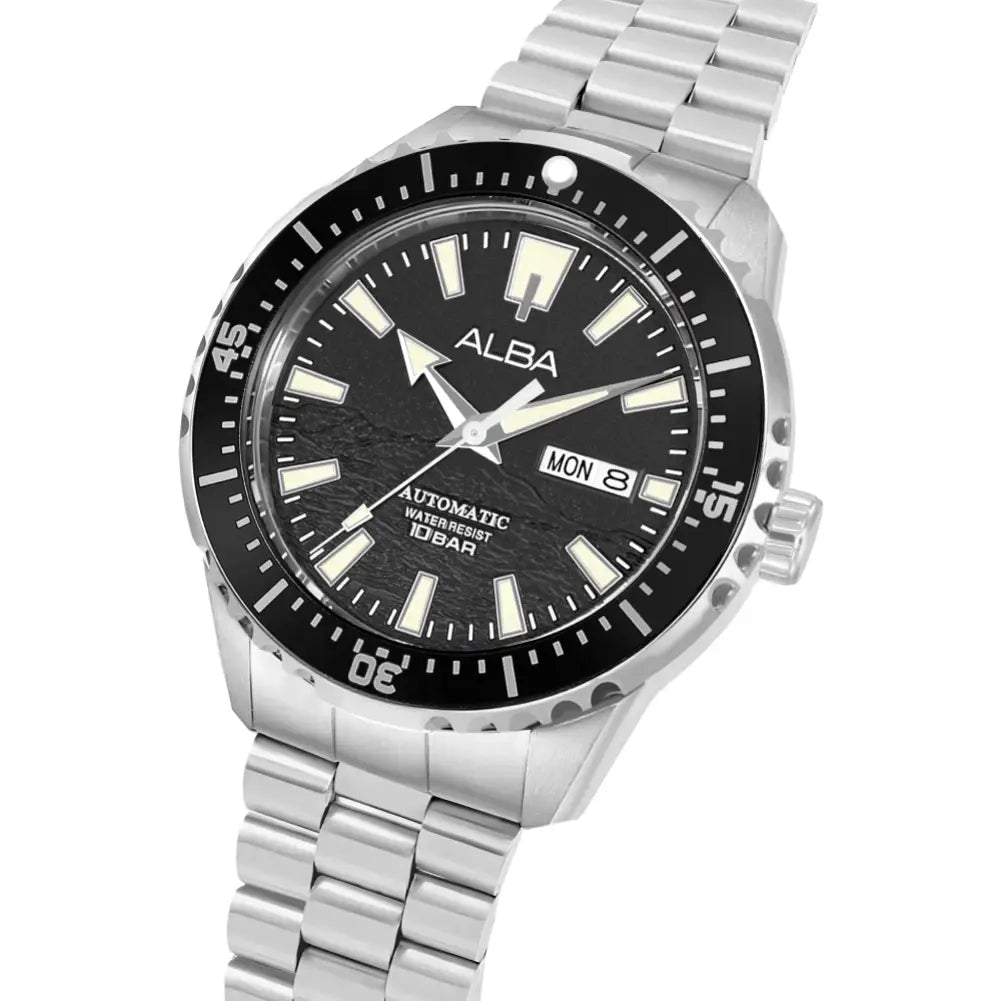 Alba-Alba AL4743X1 Black Tide Automatic Black Dial Stainless Steel Bracelet Men's Watch-Wristbear-2
