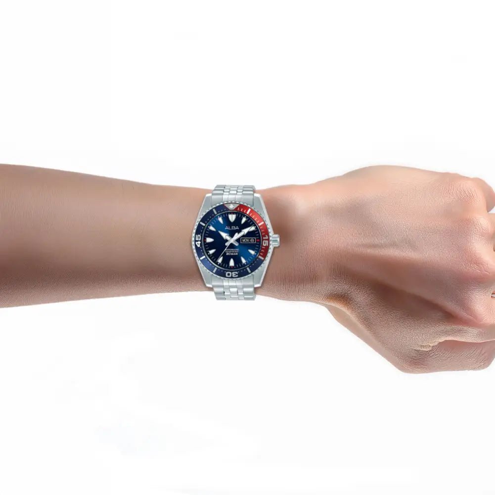 Alba-Alba AL4761X1 Pepsi Automatic Blue Dial Stainless Steel Bracelet Men's Watch-Wristbear-3