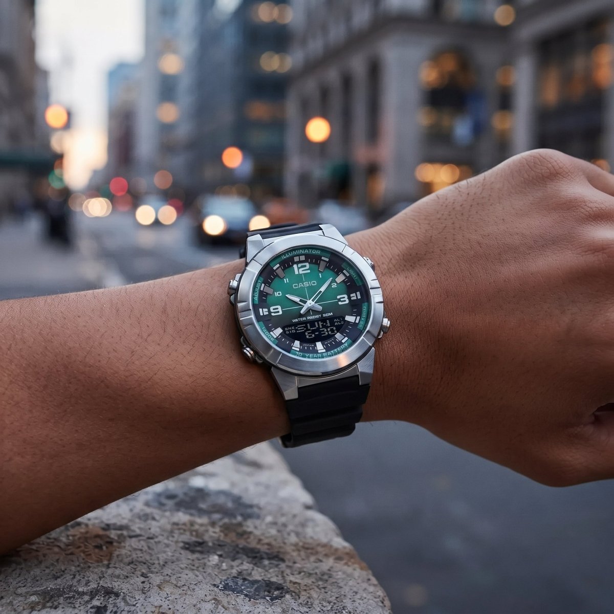 Casio-Casio AMW-870A-3AV Analog-Digital Quartz Green Dial Black Resin Strap Men's Watch-Wristbear-2
