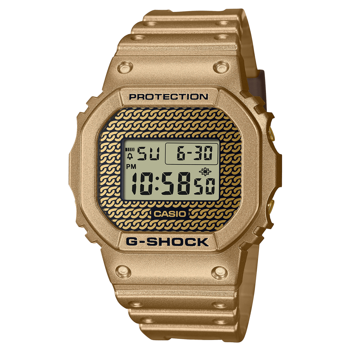 Casio G-Shock DWE-5600HG-1D Gold Chain Digital Gold Dial Resin Watch with Interchangeable Bezel and Band Sets - Wristbear-1