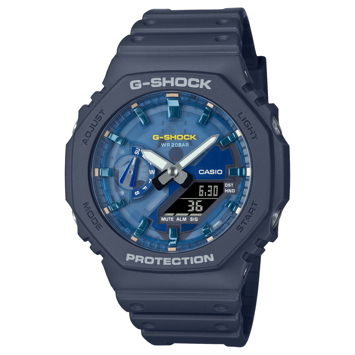 Casio G-Shock GA-2100AS-2A navy blue watch with transparent blue dial