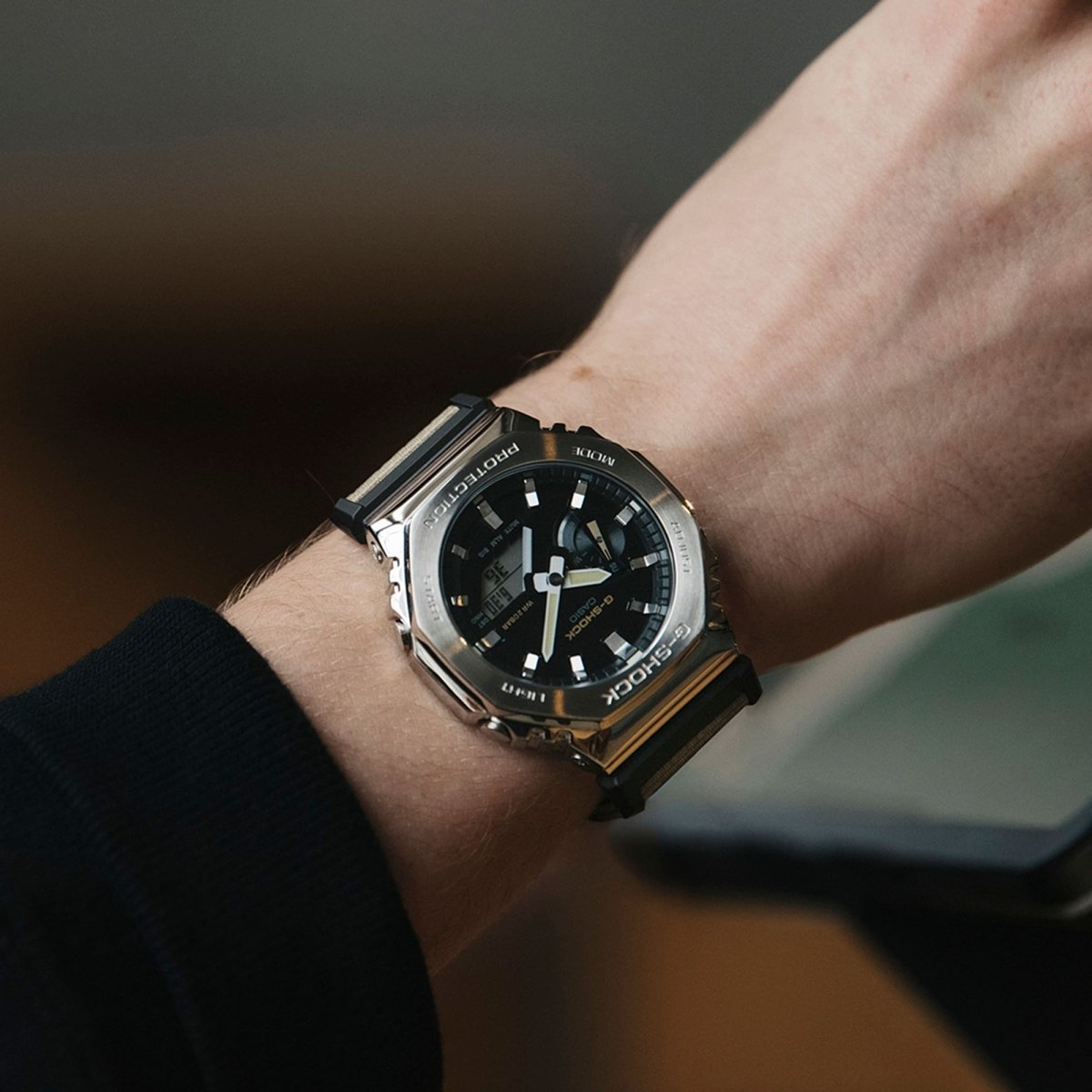 Casio G-Shock GM-2100C-5A Utility Metal Analog-Digital Black Dial Stainless Steel Bezel Cloth Strap Watch - Wristbear-6