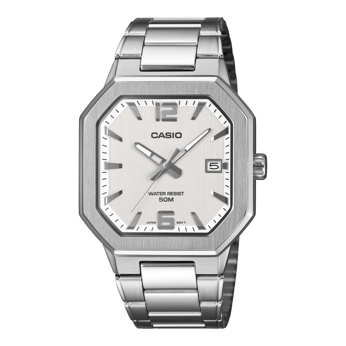 Casio MTP-B195D-7A Octagonal Quartz White Dial Stainless Steel Men's Watch - Wristbear-1