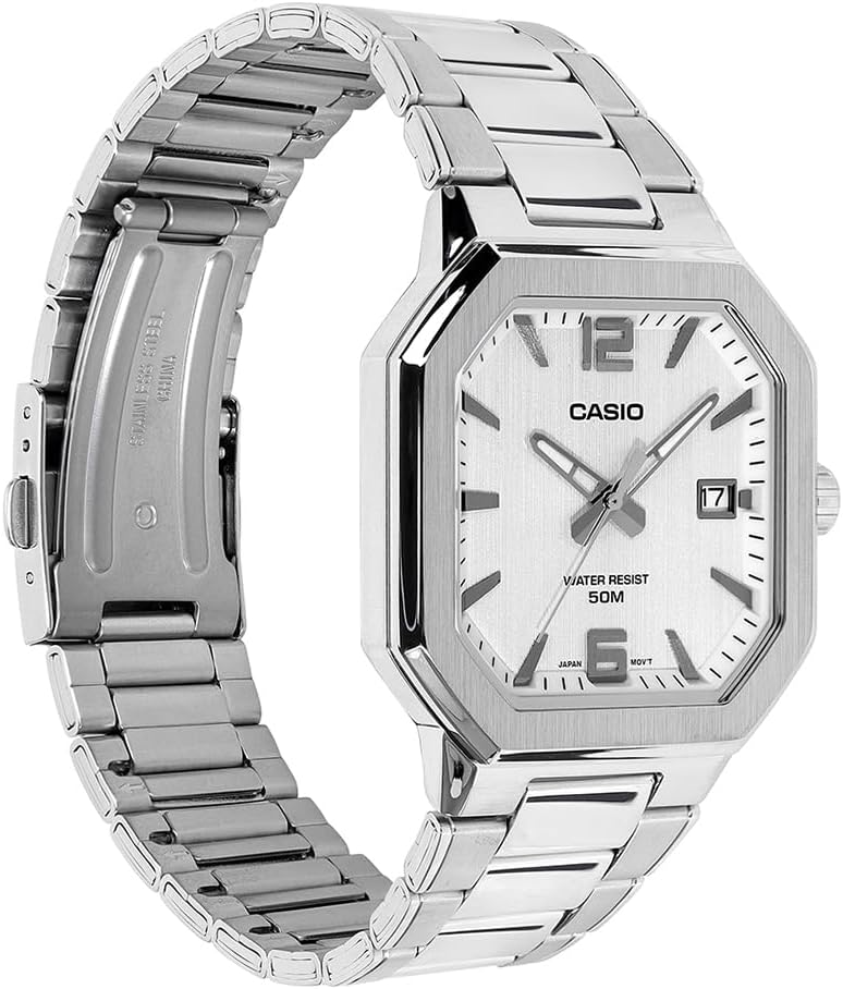 Casio MTP-B195D-7A Octagonal Quartz White Dial Stainless Steel Men's Watch - Wristbear-3