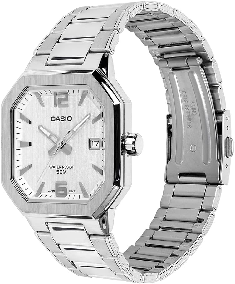 Casio MTP-B195D-7A Octagonal Quartz White Dial Stainless Steel Men's Watch - Wristbear-2