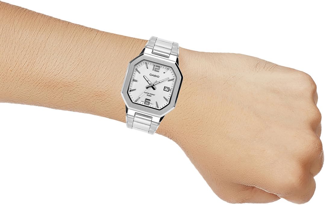 Casio MTP-B195D-7A Octagonal Quartz White Dial Stainless Steel Men's Watch - Wristbear-5