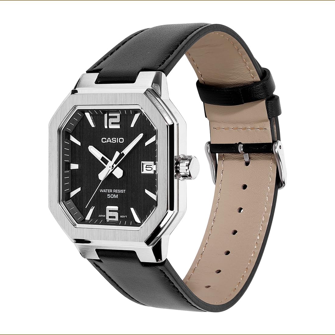 Casio MTP-B195L-1A Quartz Black Dial Leather Strap Men's Watch - Wristbear-2