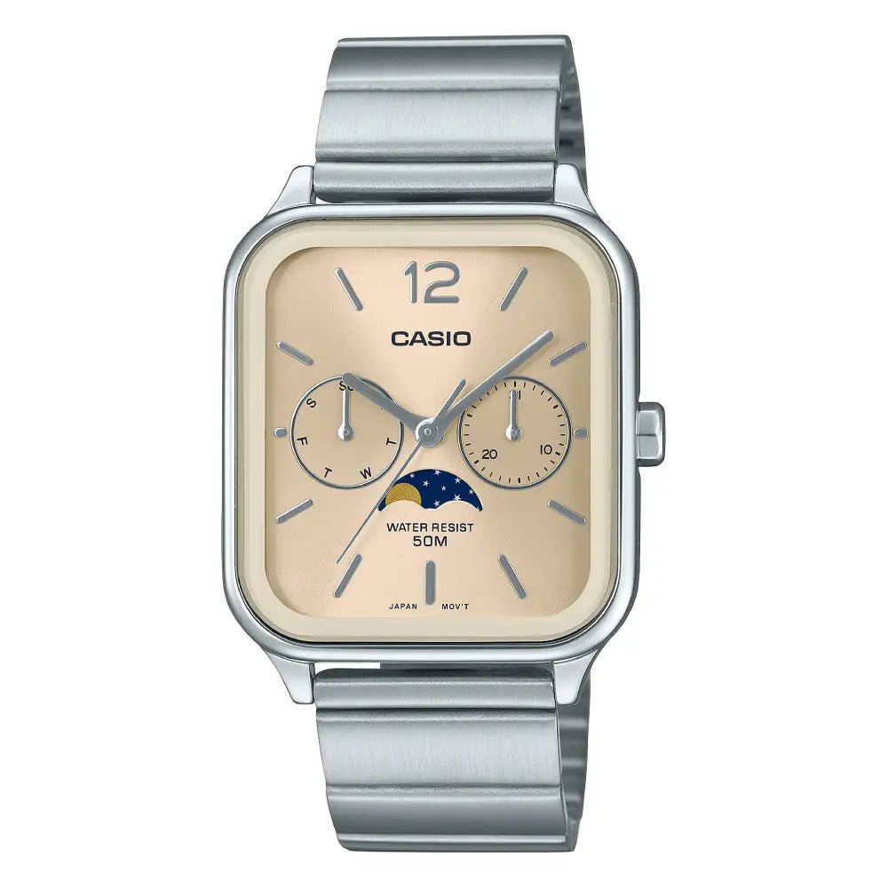 Casio-Casio MTP-M305D-9AVDF Moon Phase Quartz Champagne Dial Stainless Steel Watch-Wristbear-1