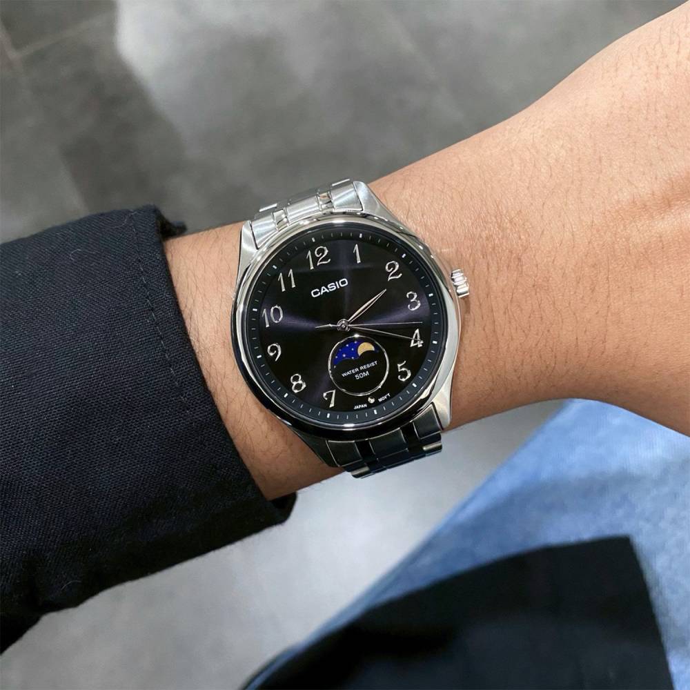 Casio MTP-M110D-1AVDF Moon Phase Quartz Black Dial Stainless Steel Men's Watch - shop_name CasioMTP-M110D-1AVDF