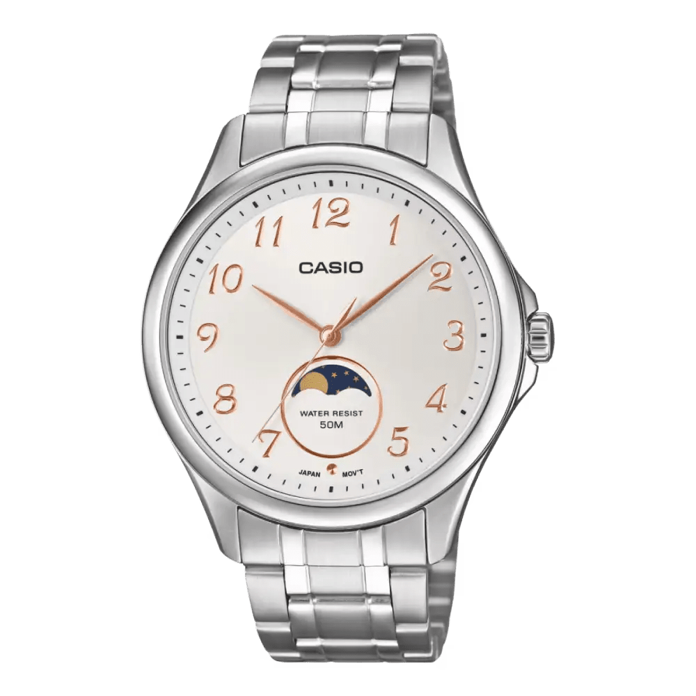 Casio MTP-M110D-7AVDF Moon Phase Quartz White Dial Stainless Steel Men's Watch - shop_name CasioMTP-M110D-7AVDF