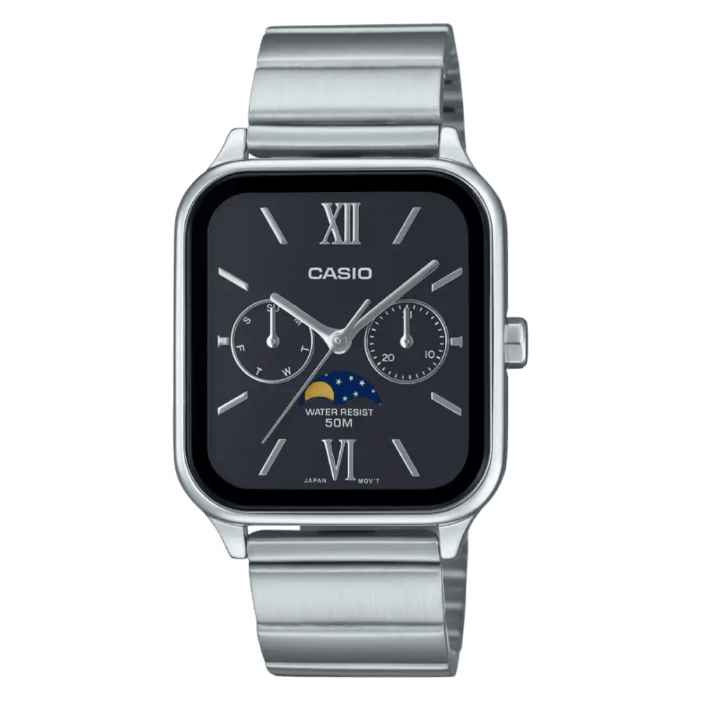 Casio MTP-M305D-1A2VDF Moon Phase Quartz Black Dial Stainless Steel Watch - shop_name CasioMTP-M305D-1A2VDF