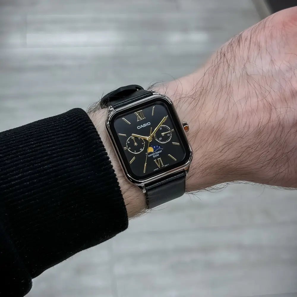 Casio MTP-M305L-1A2VDF Moon Phase Quartz Black Dial Leather Strap Watch - shop_name CasioMTP-M305L-1A2VDF