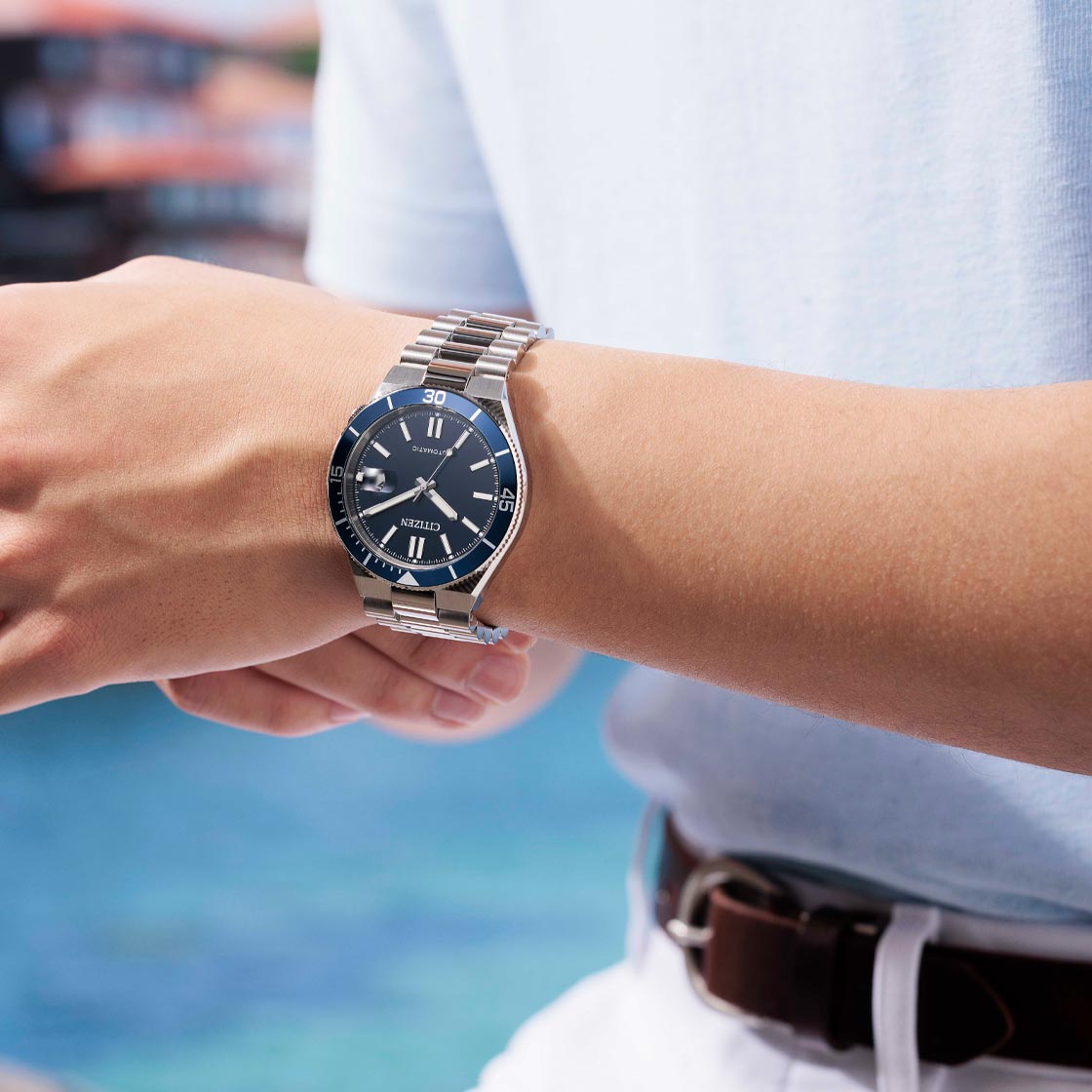 Citizen TSUYOSA Shore NJ0230-59L navy dial automatic watch on wrist