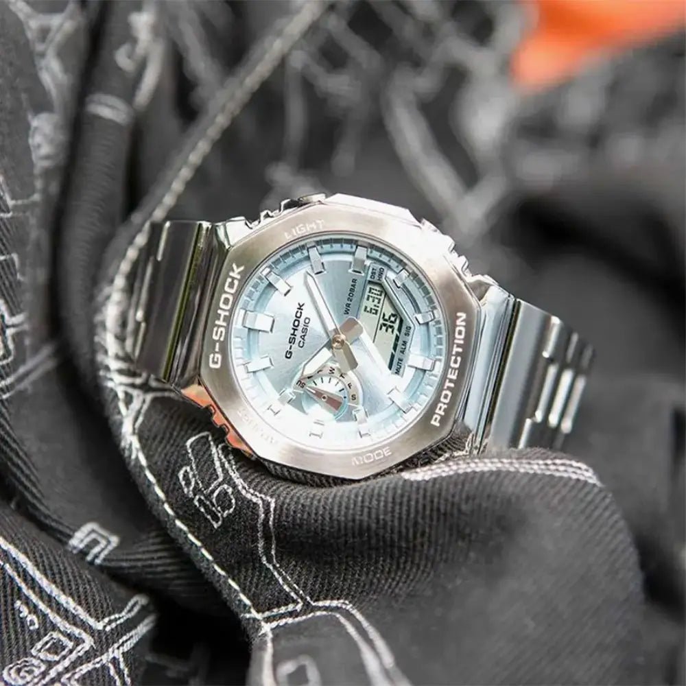 G-Shock-Casio G-Shock GM-2110D-2A Light Blue Dial Stainless Steel Bracelet Men's Watch-Wristbear-3