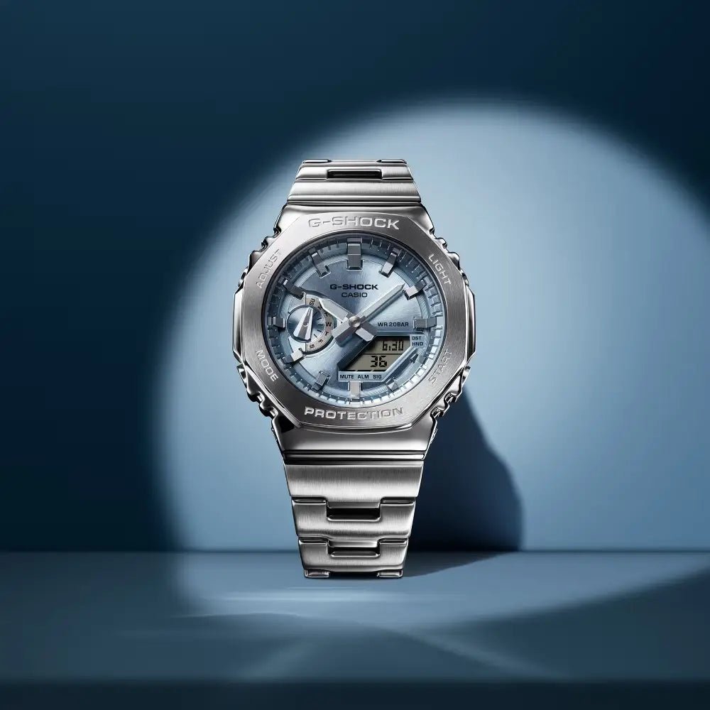 G-Shock-Casio G-Shock GM-2110D-2A Light Blue Dial Stainless Steel Bracelet Men's Watch-Wristbear-4