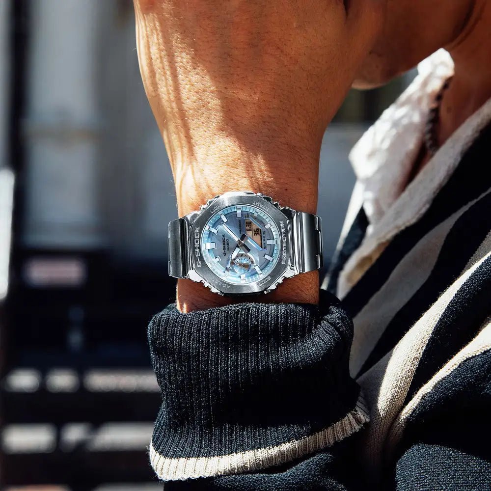 G-Shock-Casio G-Shock GM-2110D-2A Light Blue Dial Stainless Steel Bracelet Men's Watch-Wristbear-2