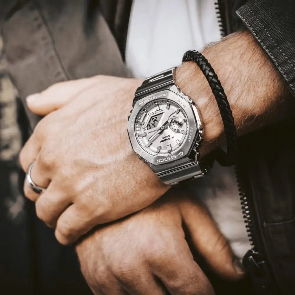G-Shock-Casio G-Shock GM-2110D-7A Silver Dial Stainless Steel Bracelet Men's Watch-Wristbear-2