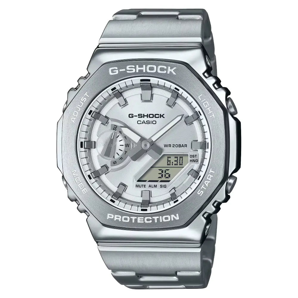 G-Shock-Casio G-Shock GM-2110D-7A Silver Dial Stainless Steel Bracelet Men's Watch-Wristbear-1