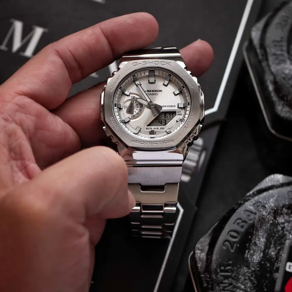 G-Shock-Casio G-Shock GM-2110D-7A Silver Dial Stainless Steel Bracelet Men's Watch-Wristbear-4