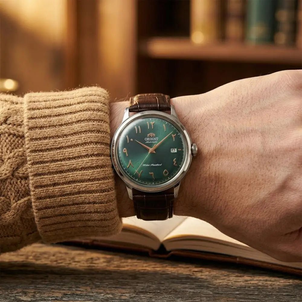 Orient-Orient Bambino Arabic Dial RA-AC0035E Automatic Green Dial Brown Leather Strap Men’s Watch-Wristbear-4