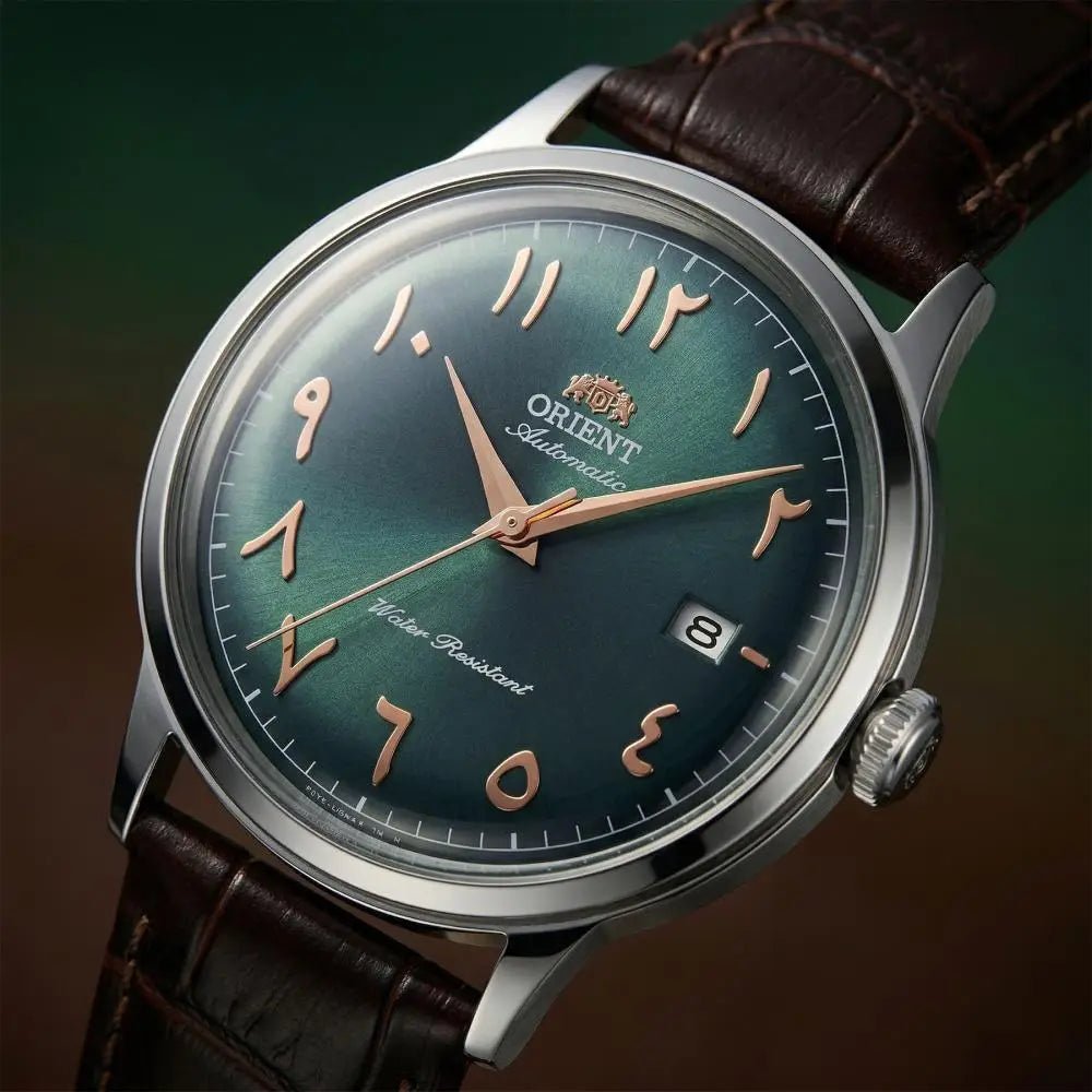 Orient-Orient Bambino Arabic Dial RA-AC0035E Automatic Green Dial Brown Leather Strap Men’s Watch-Wristbear-3