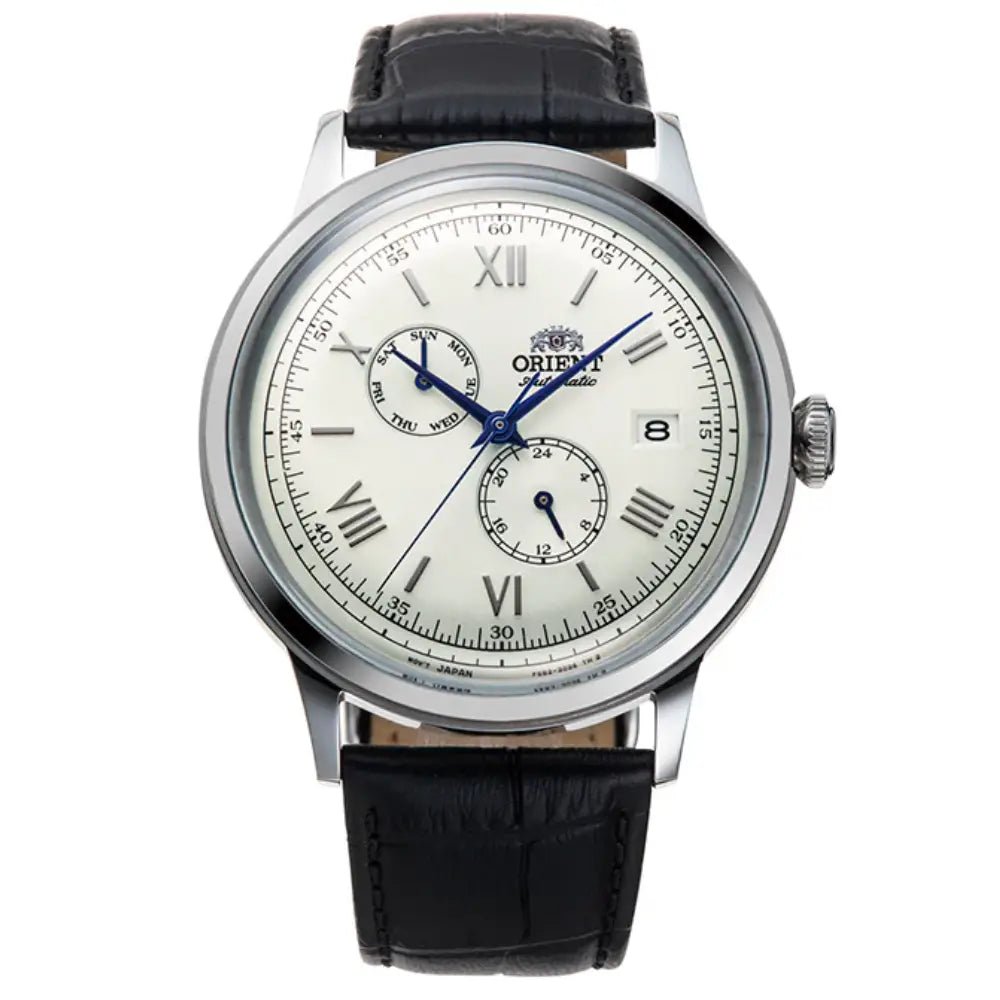 Orient-Orient Bambino Multi-Hand RA-AK0701S Automatic White Dial Leather Strap Men’s Watch-Wristbear-1