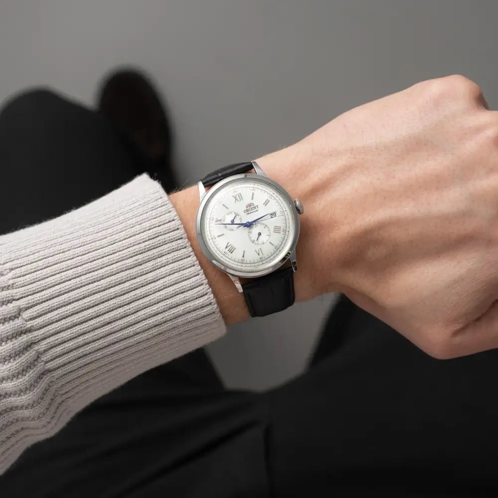 Orient-Orient Bambino Multi-Hand RA-AK0701S Automatic White Dial Leather Strap Men’s Watch-Wristbear-2