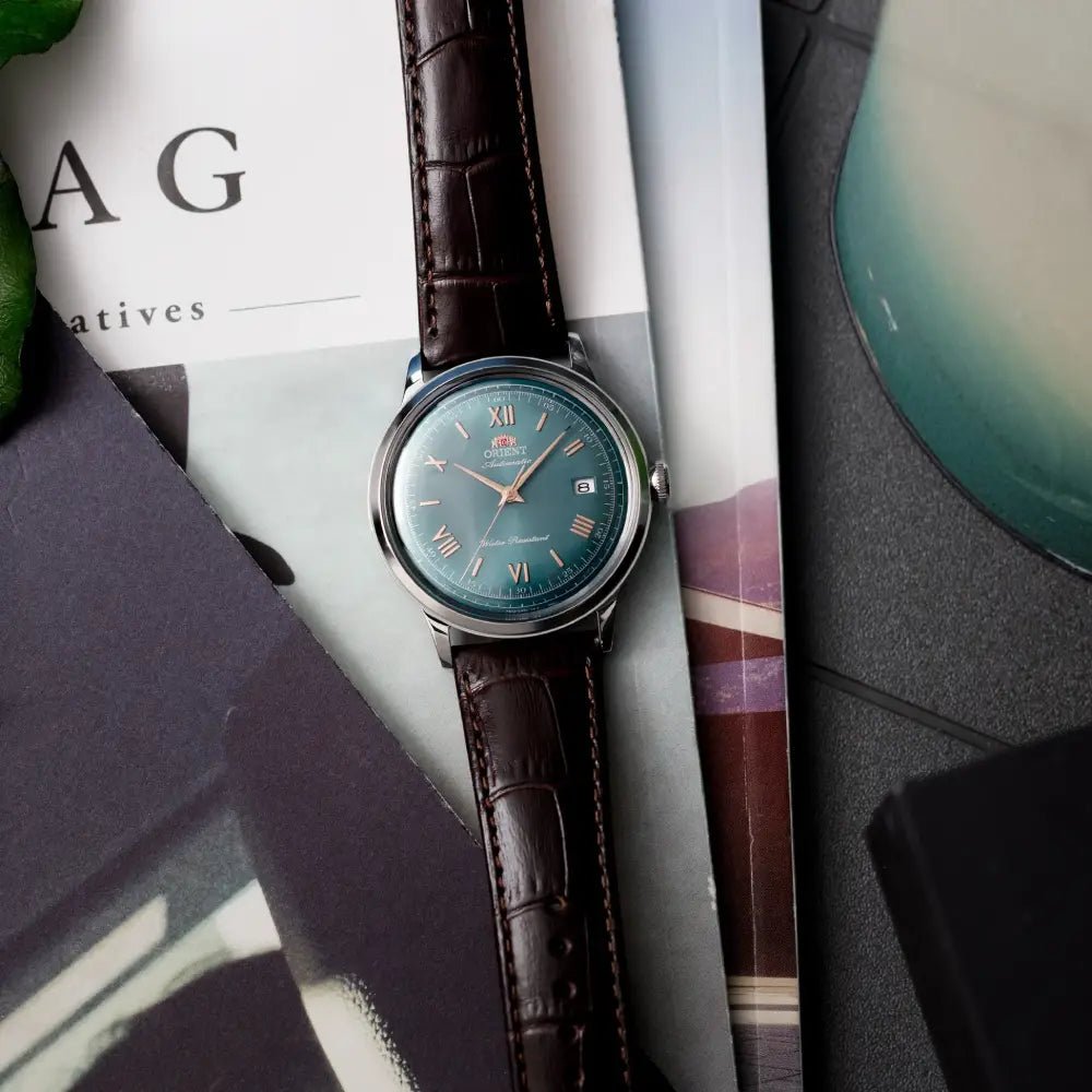 Orient-Orient Bambino RA-AC0023E Automatic Green Sunburst Dial Brown Leather Strap Men’s Watch-Wristbear-2
