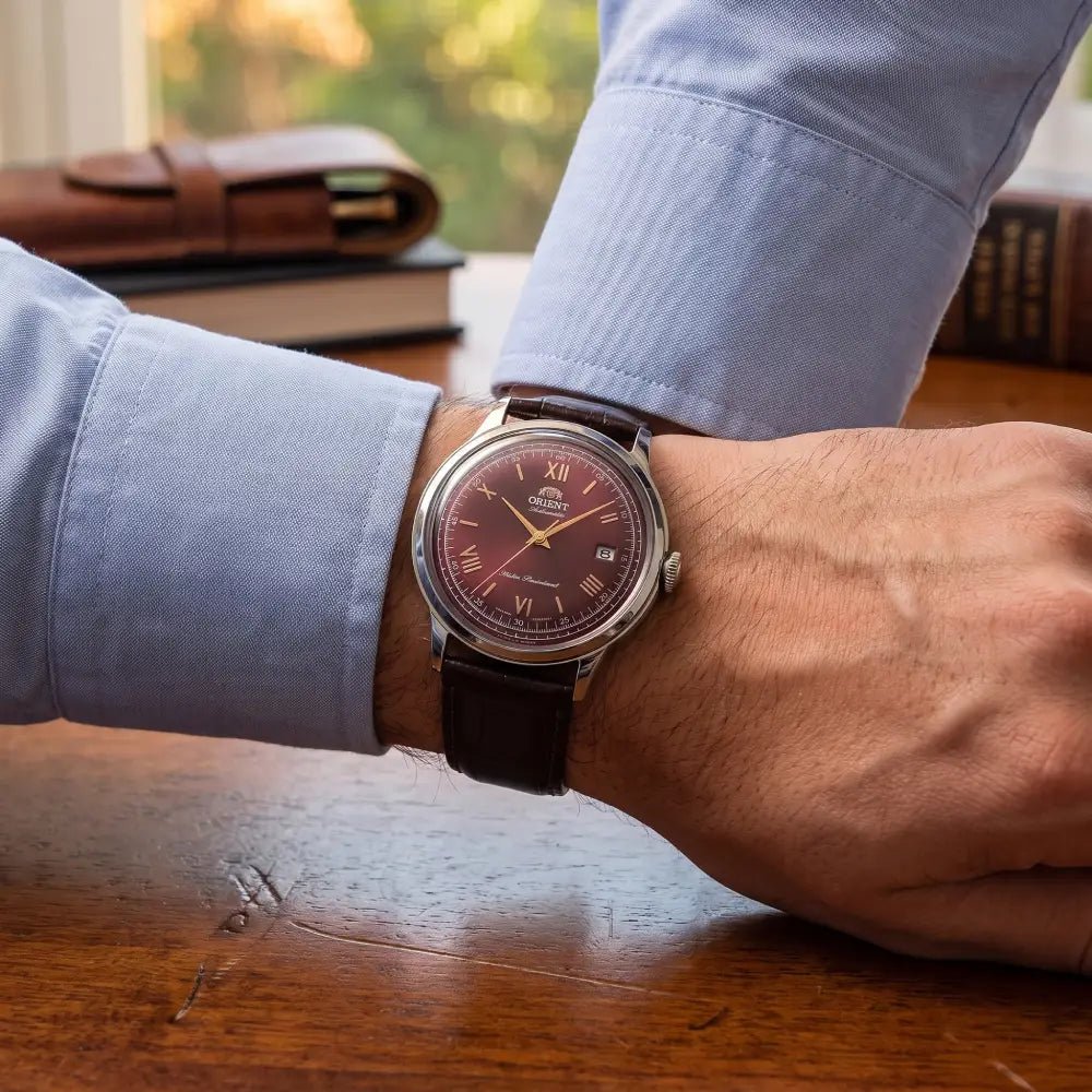 Orient-Orient Bambino RA-AC0026R Automatic Bordeaux Dial Leather Strap Men's Watch-Wristbear-2